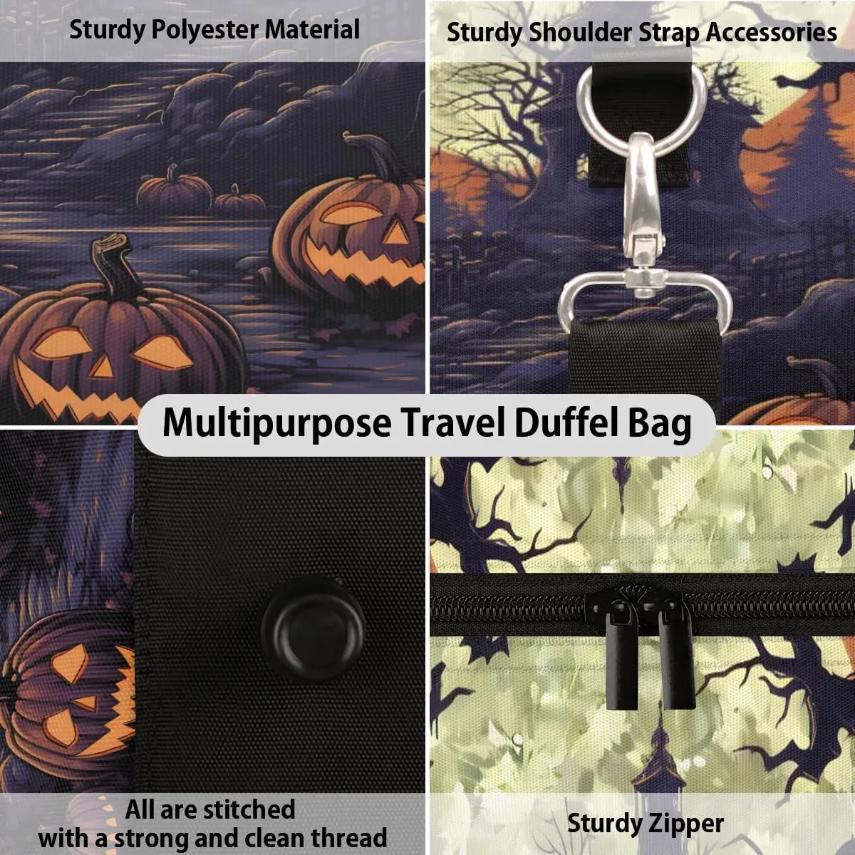 Halloween Pumpkins Castle Ghost Travel Duffel Bag for Women Men Waterproof Foldable Overnight Weekender Bag Large Capacity Sports Gym Bag