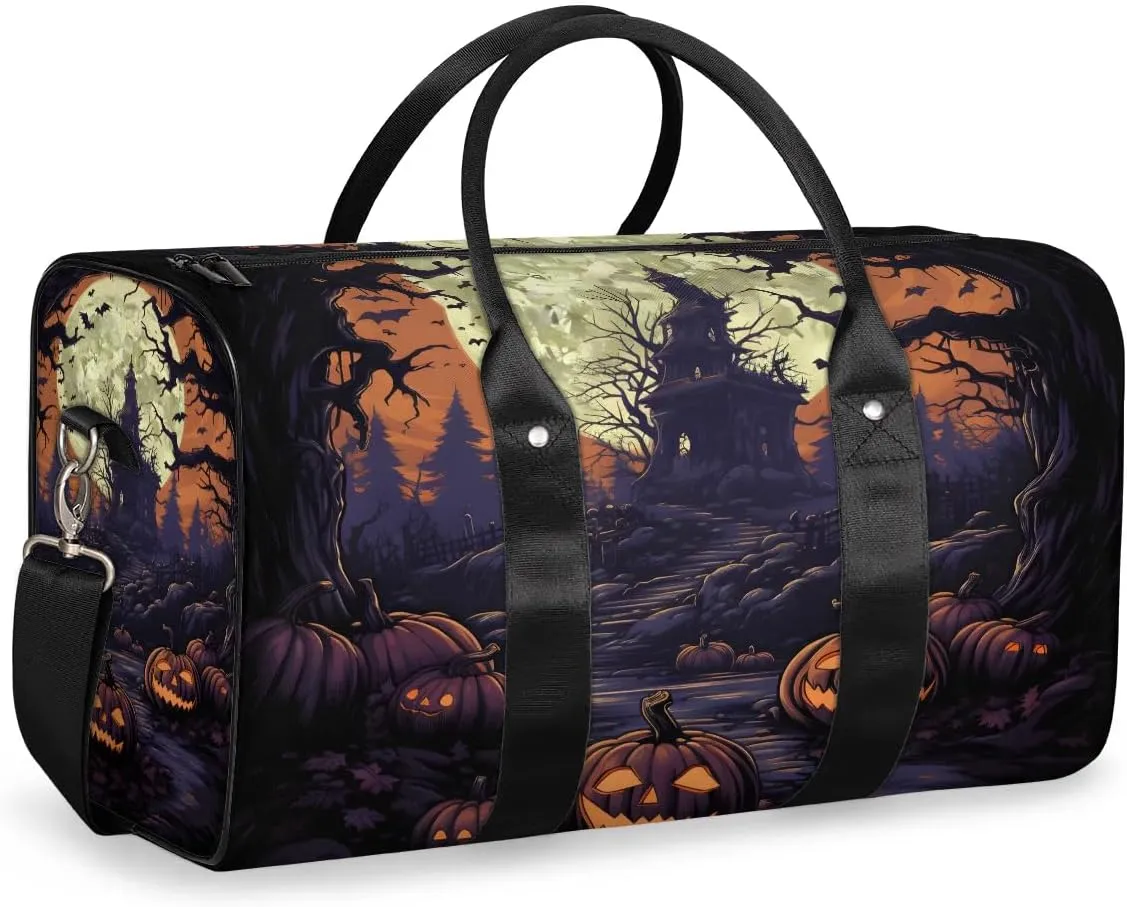 Halloween Pumpkins Castle Ghost Travel Duffel Bag for Women Men Waterproof Foldable Overnight Weekender Bag Large Capacity Sports Gym Bag