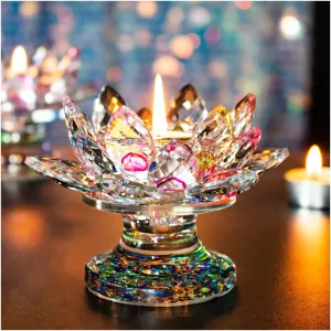 H&D HYALINE & DORA Colorful Crystal Lotus Flower Candle Holder Tealight Holders (4.5inch-Multi)
