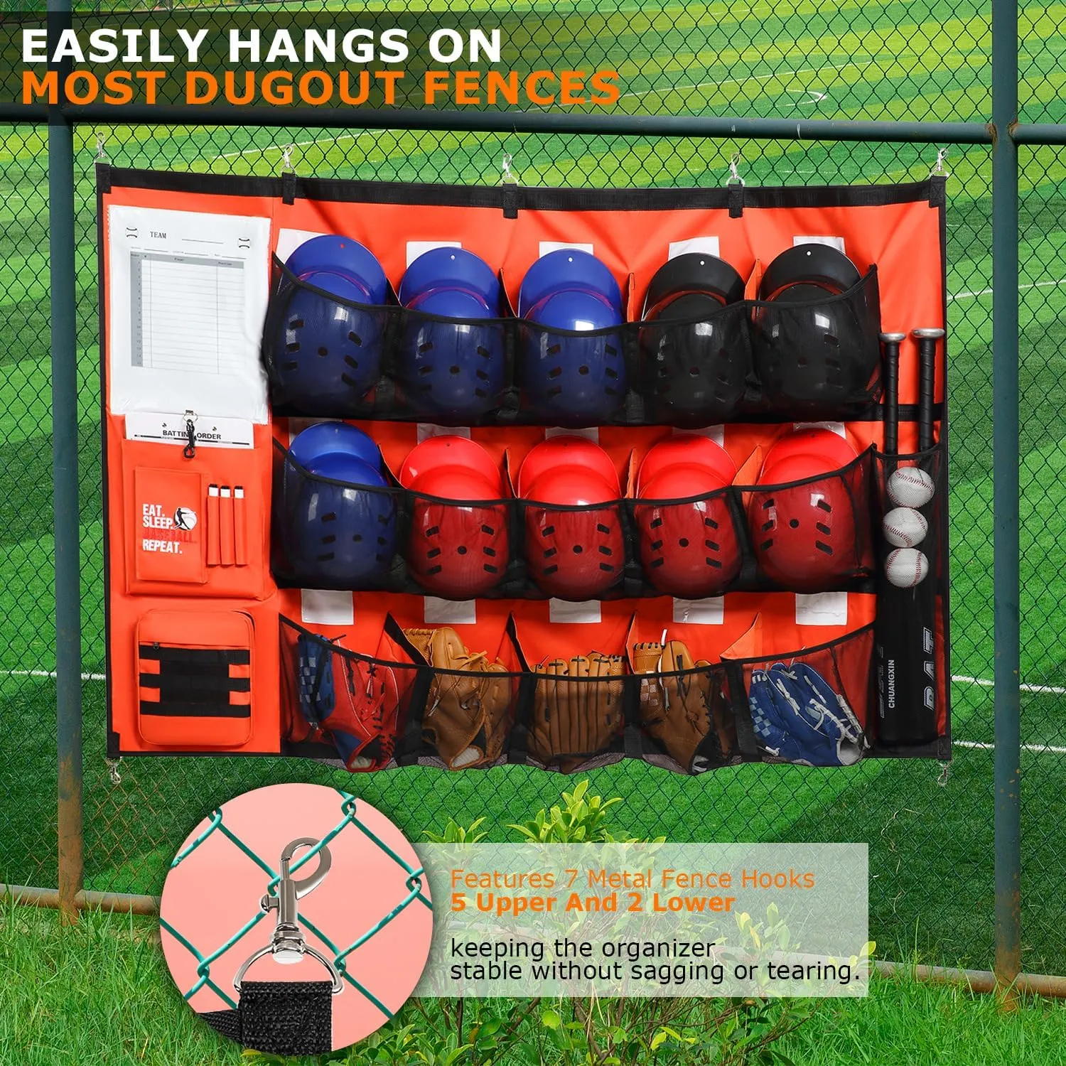 Hanging Baseball Helmets Bag Softball Team Dugout Organizer Baseball Coches Equipment Bag for 15 Player Helmets, Gloves, Balls, Bat