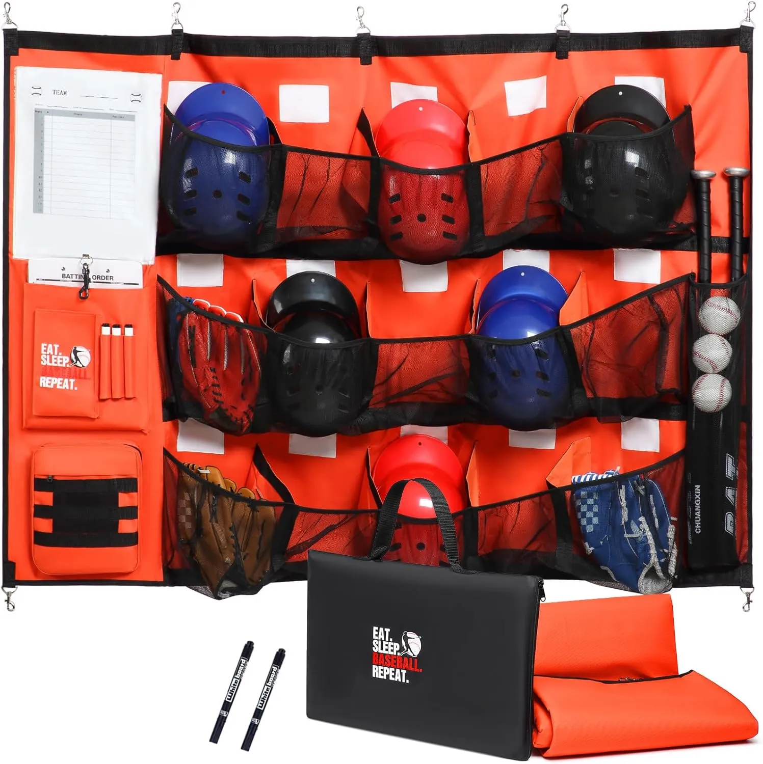 Hanging Baseball Helmets Bag Softball Team Dugout Organizer Baseball Coches Equipment Bag for 15 Player Helmets, Gloves, Balls, Bat