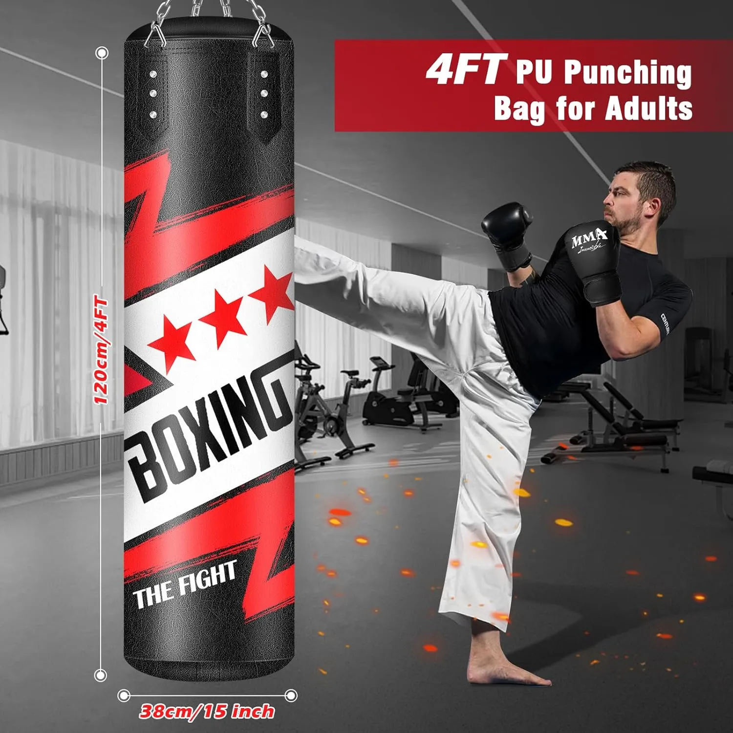 Hanging Punching Bag for Adults, 4ft PU Leather Heavy Boxing Bag Set, Hanging Bag Boxing Equipment for MMA Karate Kickboxing Boxing Home Gym, Unfilled