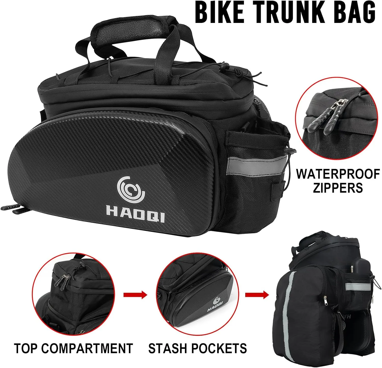 HAOQI 35L Panniers Bike Bags, Waterproof Bicycle Rear Rack Trunk Bag Hard Shell Ebike Cargo Saddle Seat Bag Carrier Handbag with Shoulder Strap for Commuter Travel Outdoor,Black