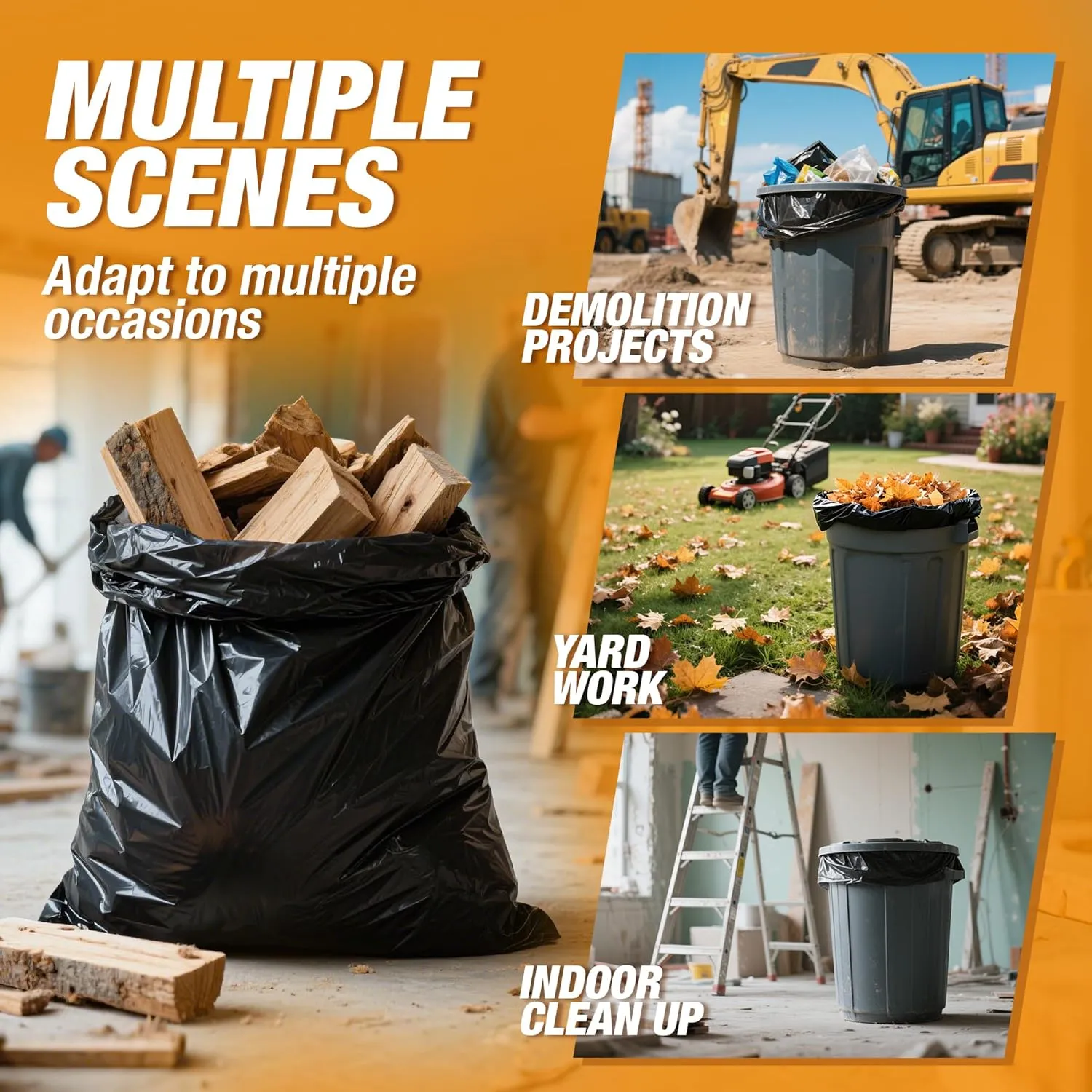 Heavy Duty Contractor Trash Bags 30-33 Gallon & 55-60 Gallon, 30/50 Count, 2-2.5Mil Extra Thick, Strong Black Garbage Bags, Leakproof Star Seal for Construction, Yard, Demolition Debris