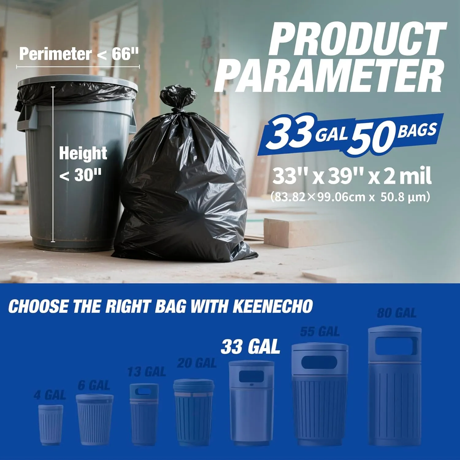 Heavy Duty Contractor Trash Bags 30-33 Gallon & 55-60 Gallon, 30/50 Count, 2-2.5Mil Extra Thick, Strong Black Garbage Bags, Leakproof Star Seal for Construction, Yard, Demolition Debris