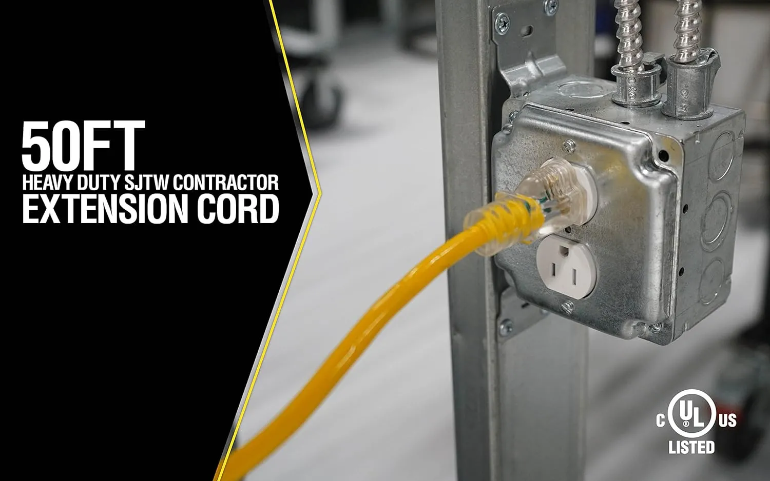 Heavy Duty Extension Cord, 50Ft, 12 Gauge, 3 Conductor, Lighted End, Weather Resistant, SJTW, Yellow, 2884
