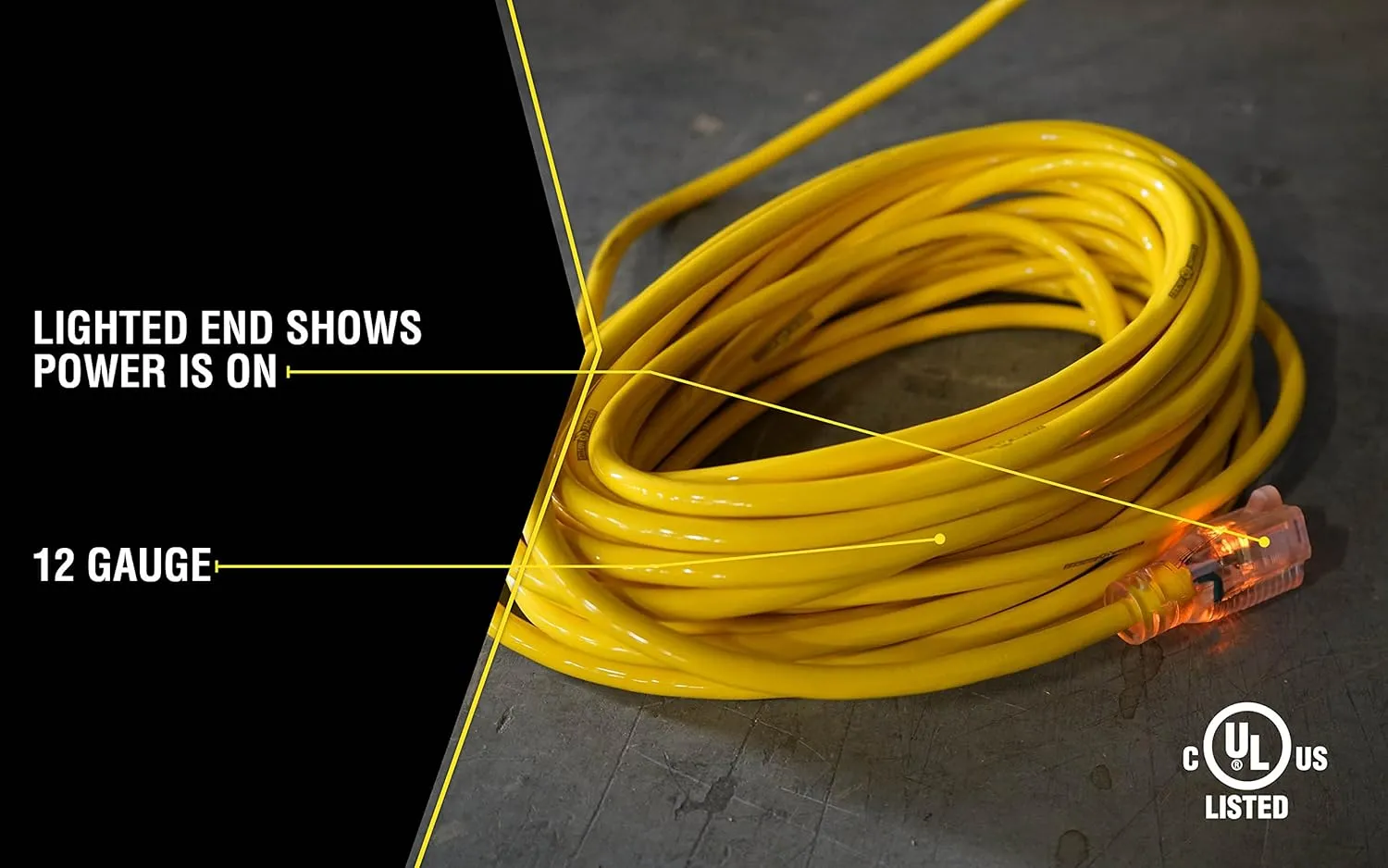Heavy Duty Extension Cord, 50Ft, 12 Gauge, 3 Conductor, Lighted End, Weather Resistant, SJTW, Yellow, 2884