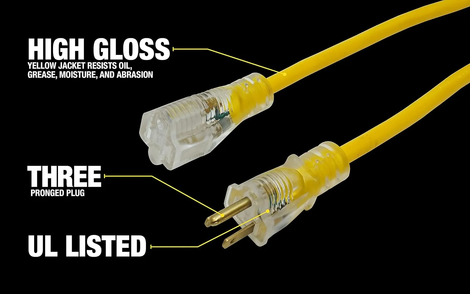 Heavy Duty Extension Cord, 50Ft, 12 Gauge, 3 Conductor, Lighted End, Weather Resistant, SJTW, Yellow, 2884