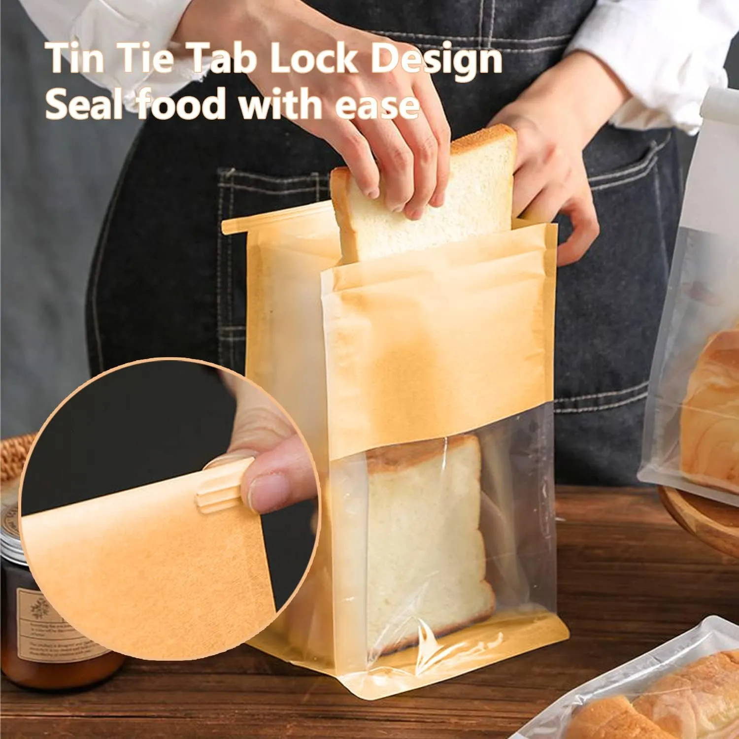 Heavy Duty Kraft Paper Bread Bags with Tin Tie Tab Lock, Loaf Bag with Clear Front Window, Storage Packaging Treat Bag for Bakery Cafe Homemade Bread 10.2" × 5.1" × 6.3"