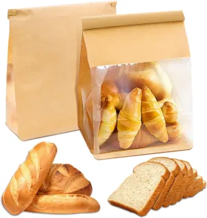 Heavy Duty Kraft Paper Bread Bags with Tin Tie Tab Lock, Loaf Bag with Clear Front Window, Storage Packaging Treat Bag for Bakery Cafe Homemade Bread 10.2" × 5.1" × 6.3"