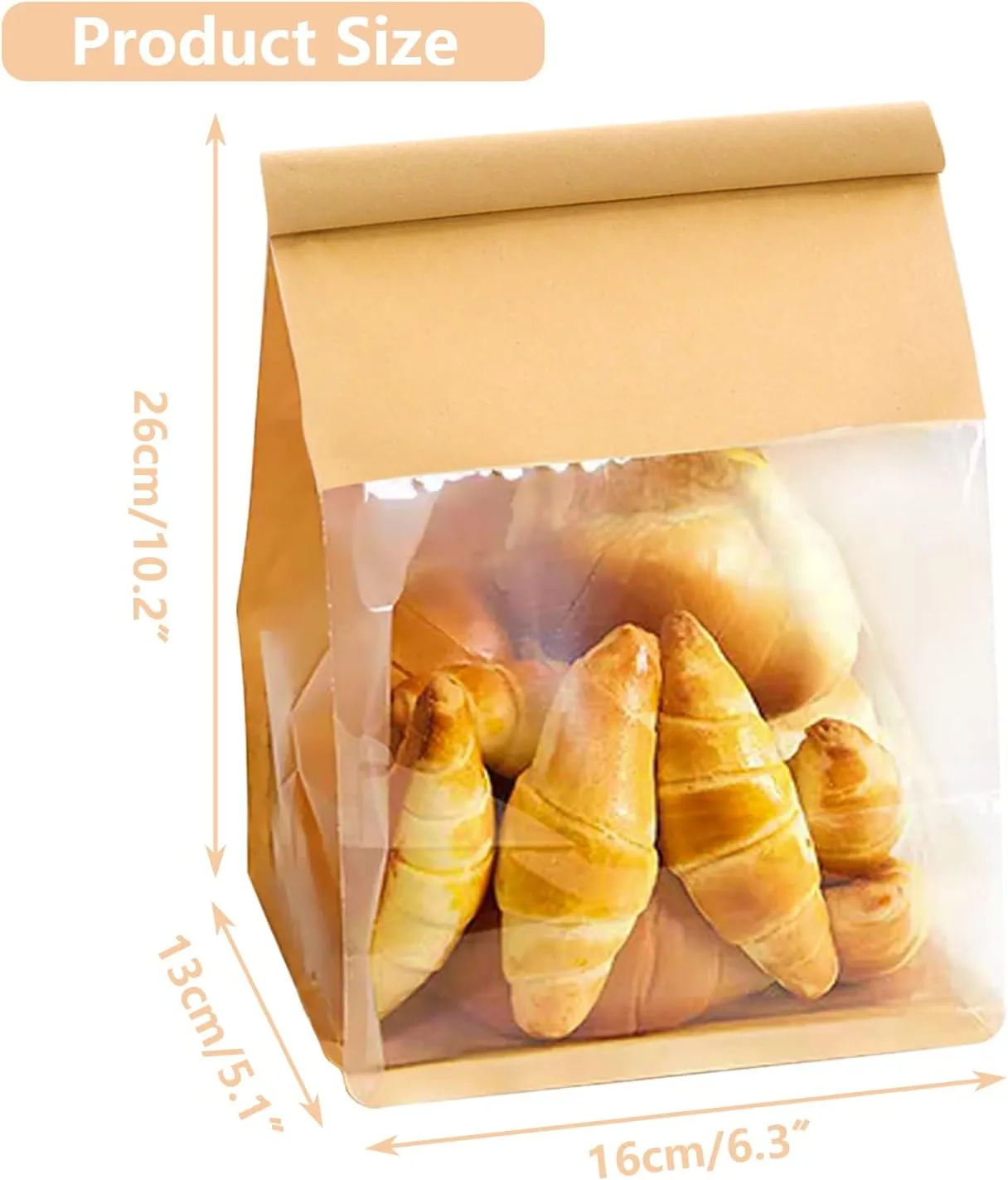 Heavy Duty Kraft Paper Bread Bags with Tin Tie Tab Lock, Loaf Bag with Clear Front Window, Storage Packaging Treat Bag for Bakery Cafe Homemade Bread 10.2" × 5.1" × 6.3"