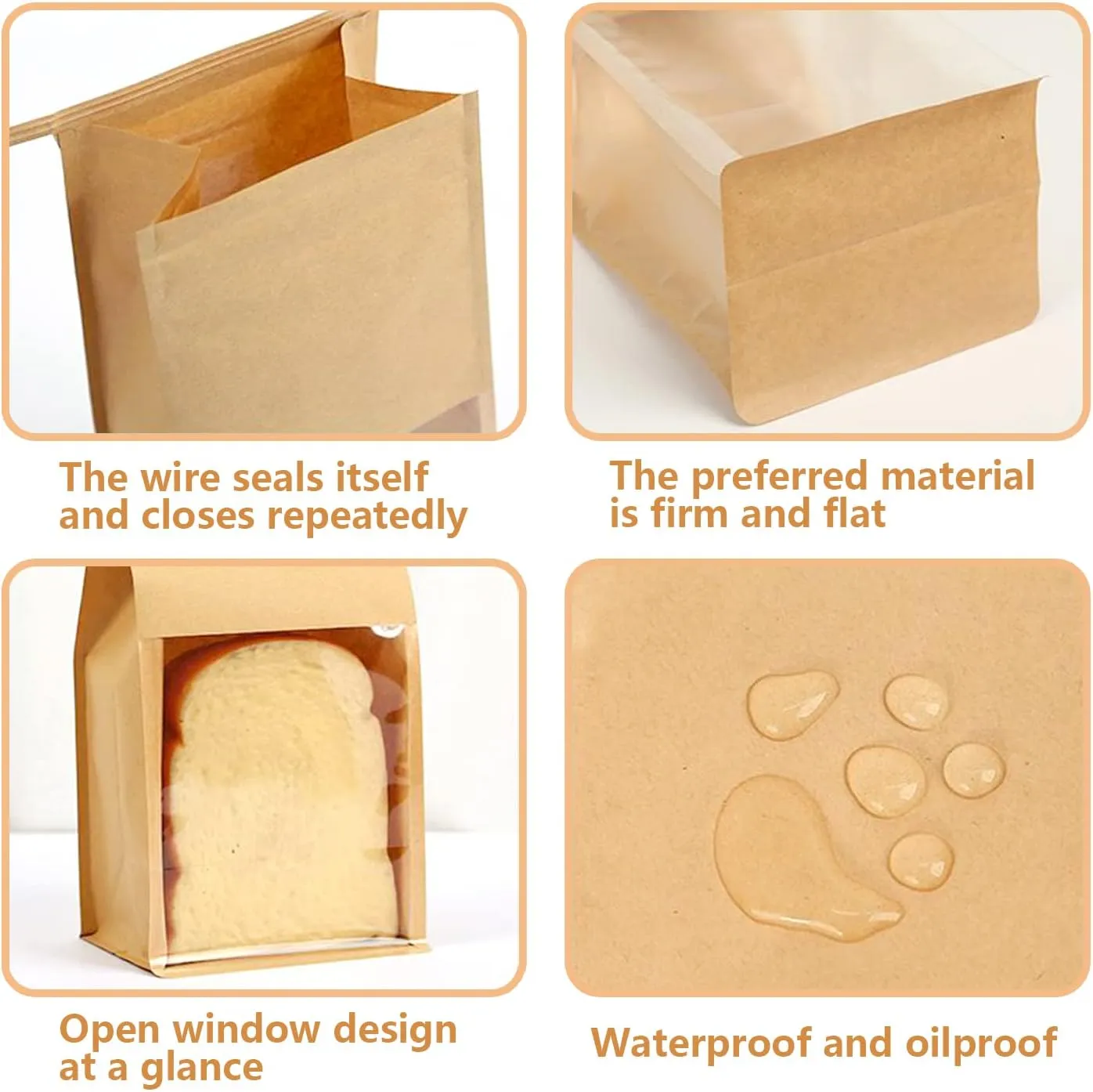 Heavy Duty Kraft Paper Bread Bags with Tin Tie Tab Lock, Loaf Bag with Clear Front Window, Storage Packaging Treat Bag for Bakery Cafe Homemade Bread 10.2" × 5.1" × 6.3"