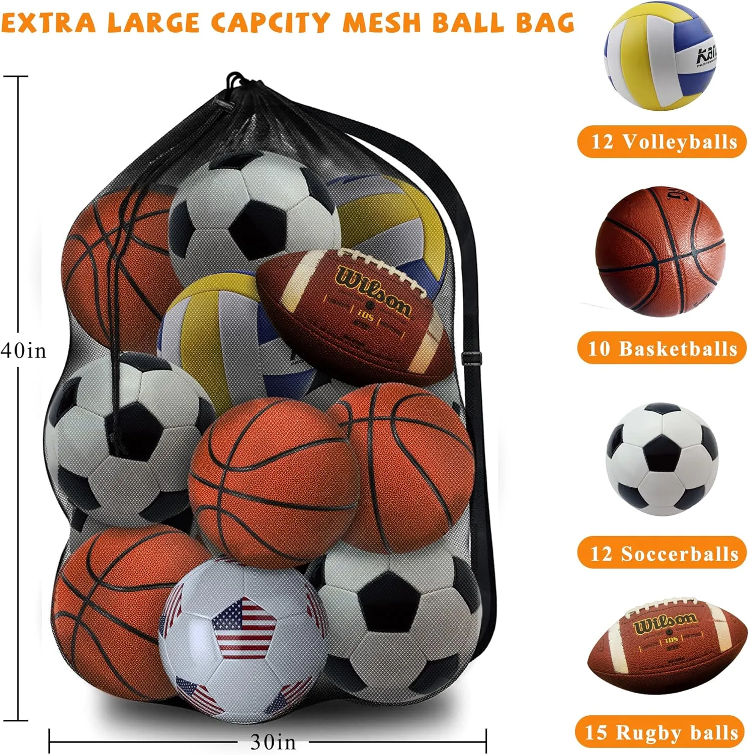 Heavy Duty Mesh Ball Bag, Sports Equipment Storage Organizer Hold for Soccer, Basketball, Volleyball,Football, BaseBall and Swimming Gears with Adjustable Strap