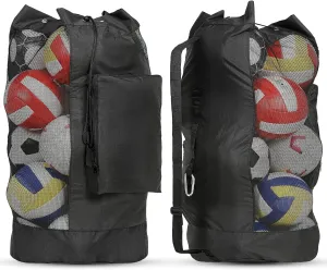 Heavy Duty Mesh Ball Bag with Zipper Pocket, Breathable Tear Resistant Drawstring Soccer Ball Bag with Adjustable Shoulder Strap for Various Balls, Beach Toys