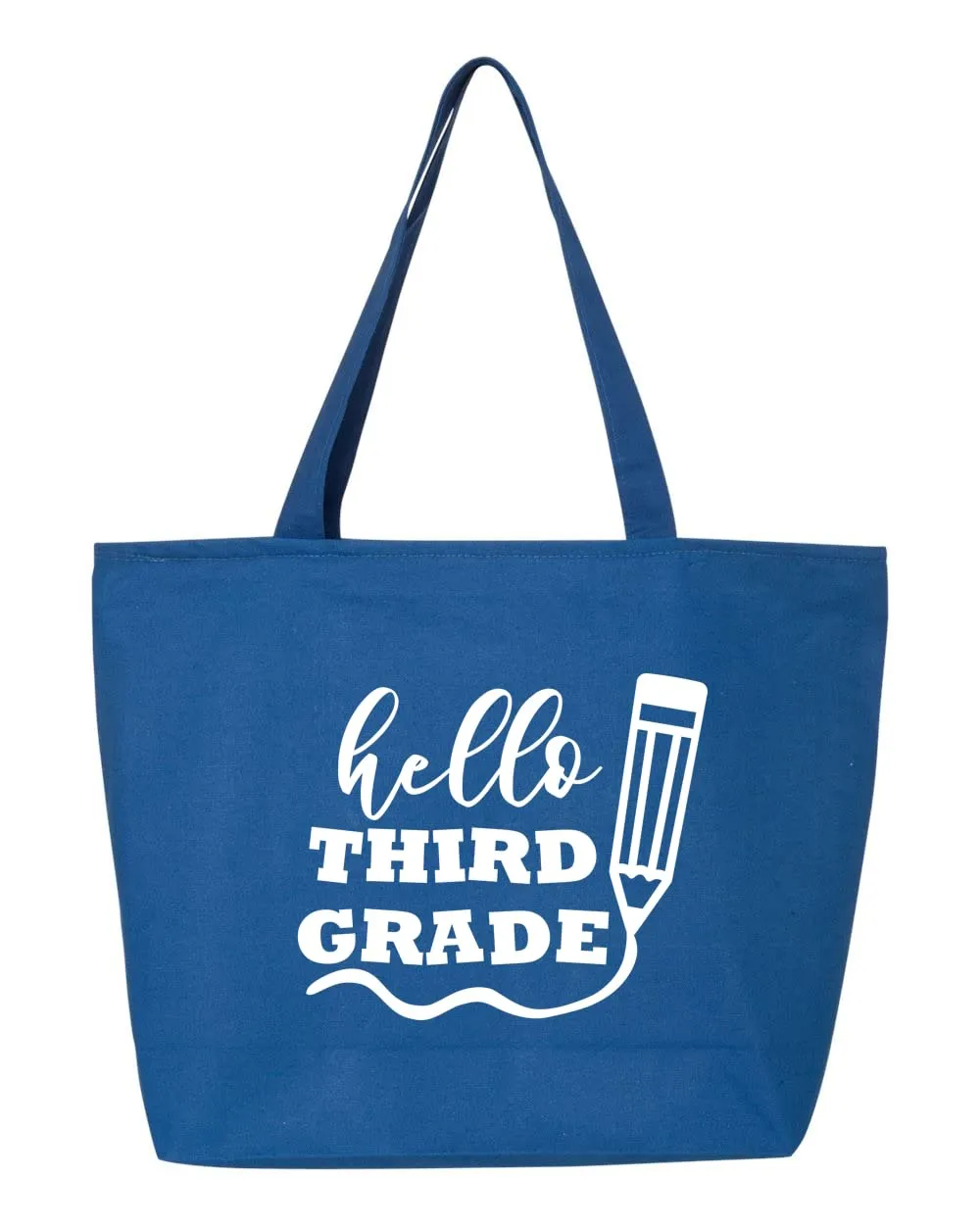 Hello Third Grade Zippered Canvas Bag - Third Grade Teacher Tote Bag - 3rd Grade Teacher Gift, Gifts For Teacher (20"W x 15"H x 5"D, Royal)