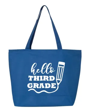 Hello Third Grade Zippered Canvas Bag - Third Grade Teacher Tote Bag - 3rd Grade Teacher Gift, Gifts For Teacher (20"W x 15"H x 5"D, Royal)
