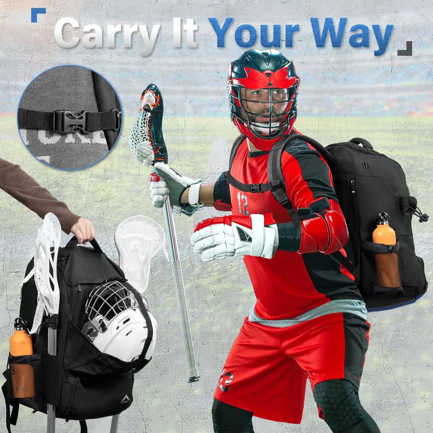 Himal Outdoors Lacrosse Bag with Helmet Storage- Premium Lacrosse Backpack with Two Stick Holder- Extra Large Separate Shoe Compartment-Zipper Pocket & Towel Ring and Padded Shoulder Straps