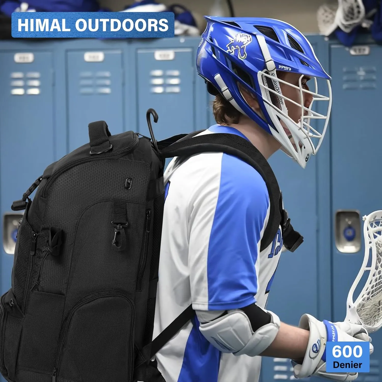 Himal Outdoors Lacrosse Bag with Helmet Storage- Premium Lacrosse Backpack with Two Stick Holder- Extra Large Separate Shoe Compartment-Zipper Pocket & Towel Ring and Padded Shoulder Straps