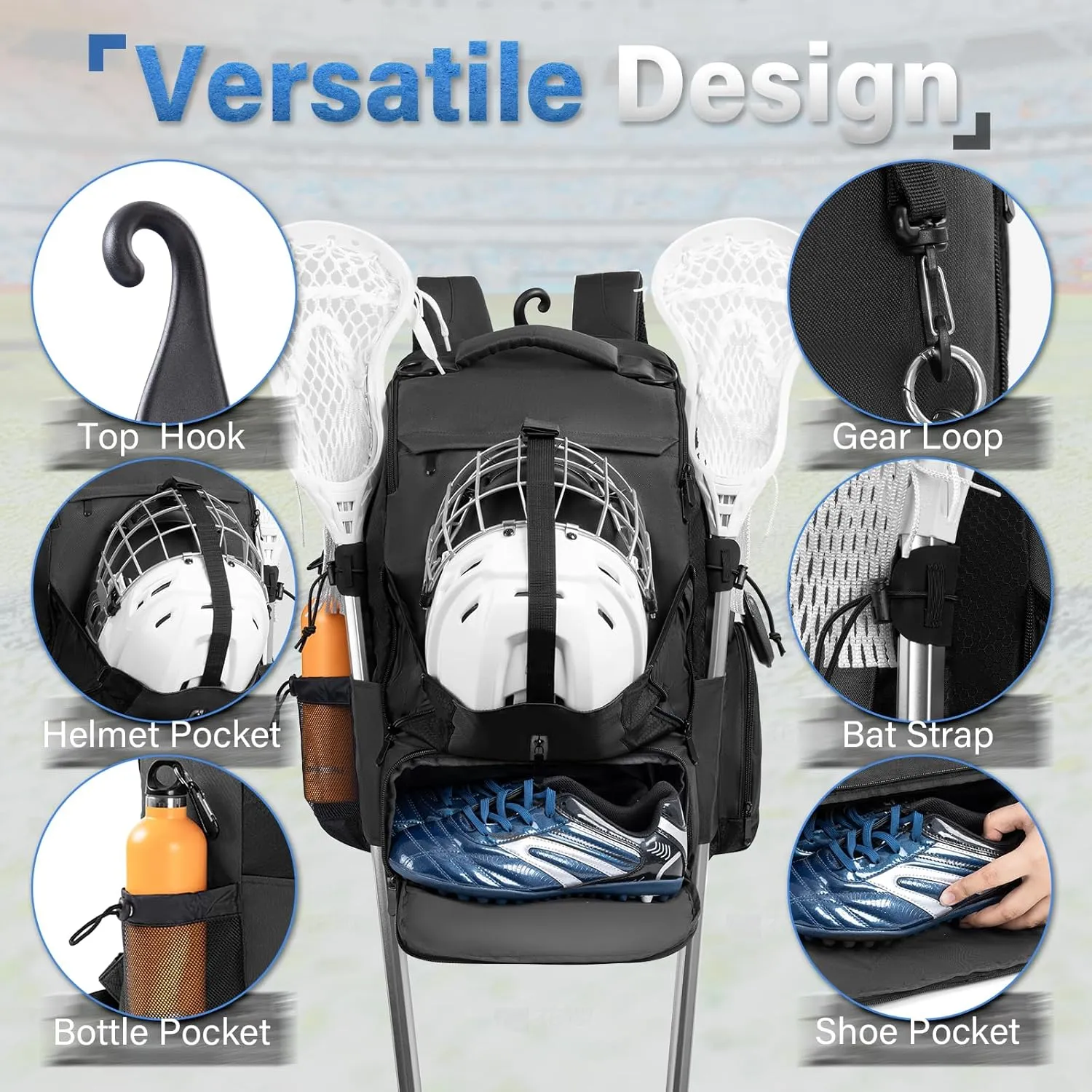 Himal Outdoors Lacrosse Bag with Helmet Storage- Premium Lacrosse Backpack with Two Stick Holder- Extra Large Separate Shoe Compartment-Zipper Pocket & Towel Ring and Padded Shoulder Straps