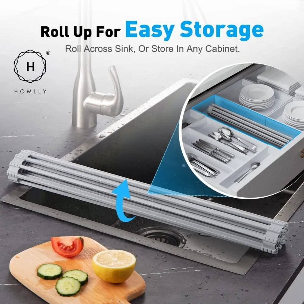 Homlly Over The Sink Roll Up Square Rods Dish Drainer Rack with Utensil Holder