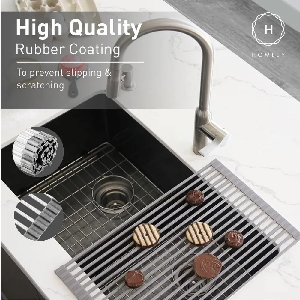 Homlly Over The Sink Roll Up Square Rods Dish Drainer Rack with Utensil Holder