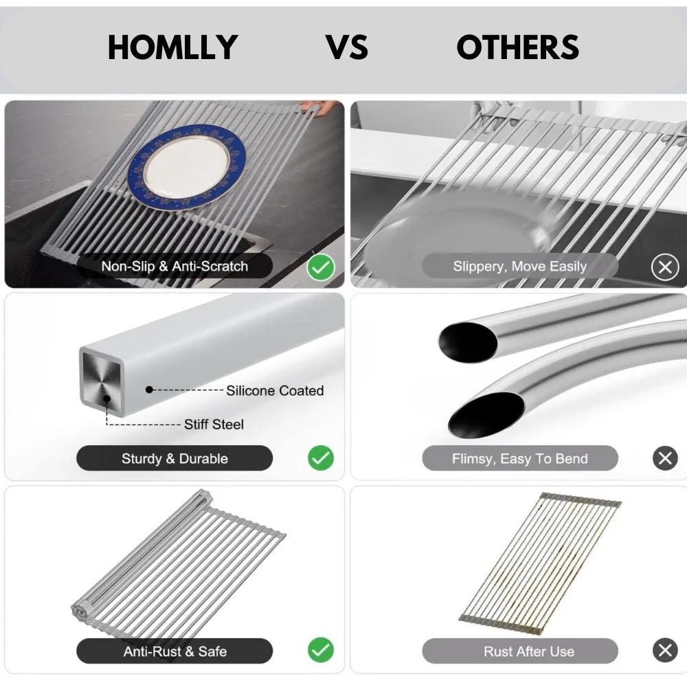 Homlly Over The Sink Roll Up Square Rods Dish Drainer Rack with Utensil Holder