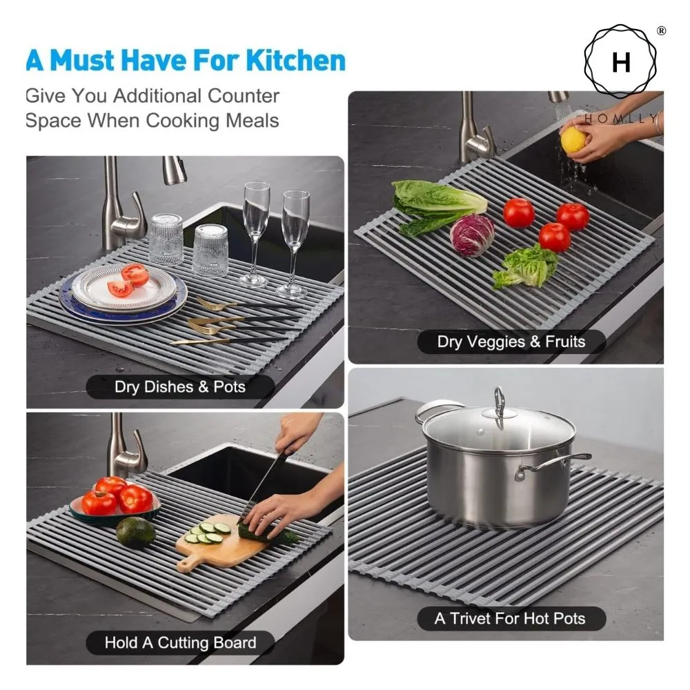 Homlly Over The Sink Roll Up Square Rods Dish Drainer Rack with Utensil Holder
