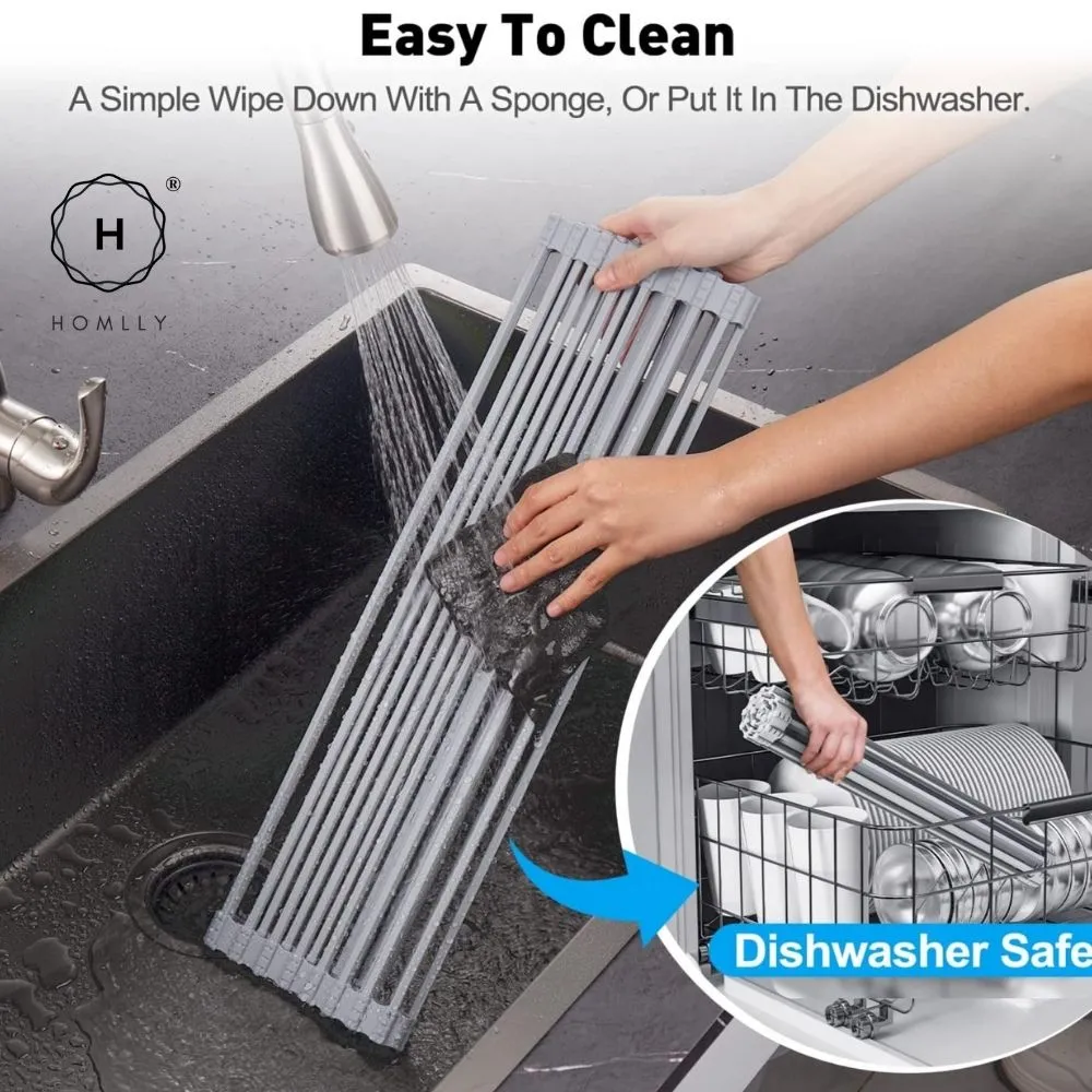 Homlly Over The Sink Roll Up Square Rods Dish Drainer Rack with Utensil Holder