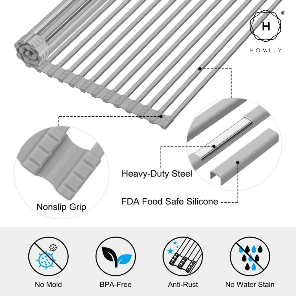 Homlly Over The Sink Roll Up Square Rods Dish Drainer Rack with Utensil Holder