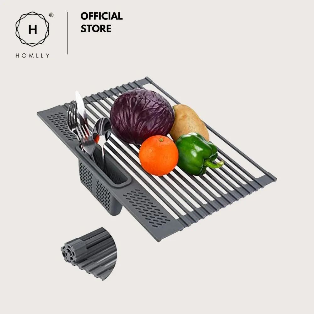 Homlly Over The Sink Roll Up Square Rods Dish Drainer Rack with Utensil Holder