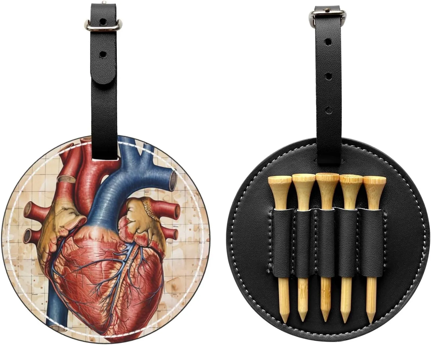 Human Anatomy Heart Chart Printed Golf Tee Holder PU Leather Golf Tees Bag for Golfer Men Women, Black