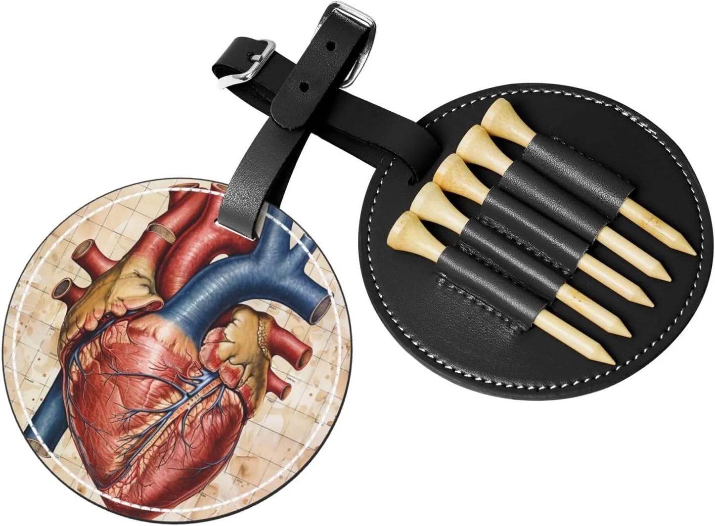 Human Anatomy Heart Chart Printed Golf Tee Holder PU Leather Golf Tees Bag for Golfer Men Women, Black