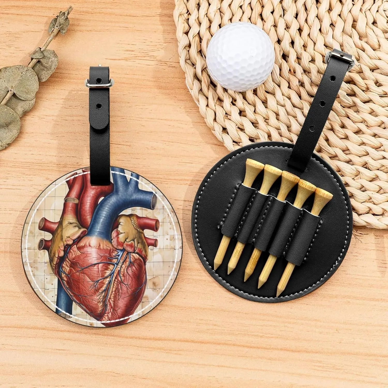 Human Anatomy Heart Chart Printed Golf Tee Holder PU Leather Golf Tees Bag for Golfer Men Women, Black