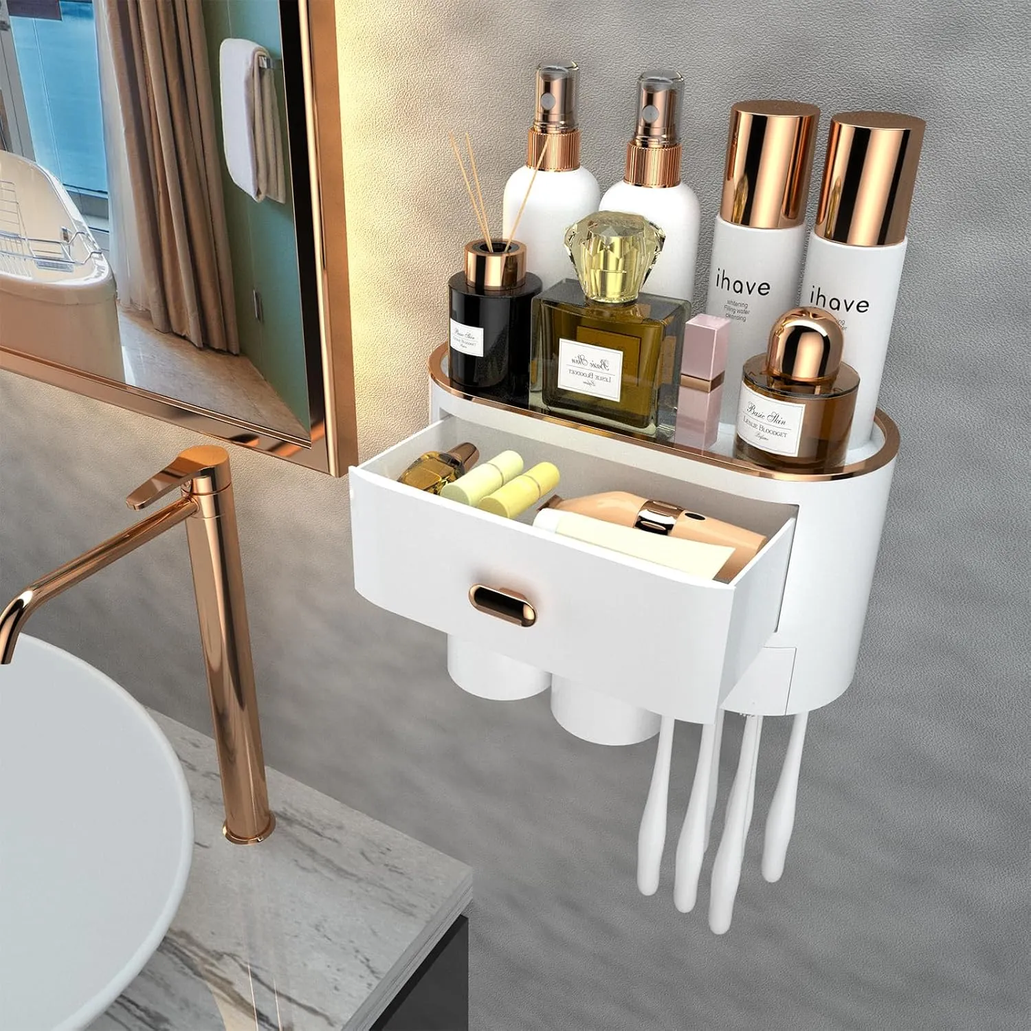 iHave Toothbrush Holders for Bathrooms - 2 Cups Toothbrush Holder Wall Mounted - Makeup Bathroom Tray, Cosmetic Drawer - Bathroom Organizers and Storage, Stylish Bathroom Decor & Bathroom Accessories