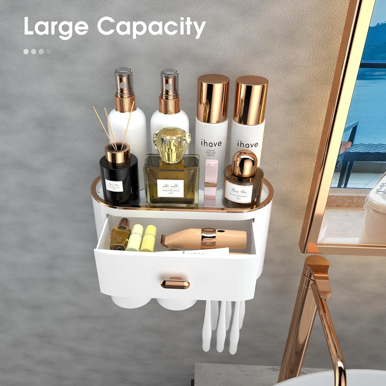 iHave Toothbrush Holders for Bathrooms - 2 Cups Toothbrush Holder Wall Mounted - Makeup Bathroom Tray, Cosmetic Drawer - Bathroom Organizers and Storage, Stylish Bathroom Decor & Bathroom Accessories