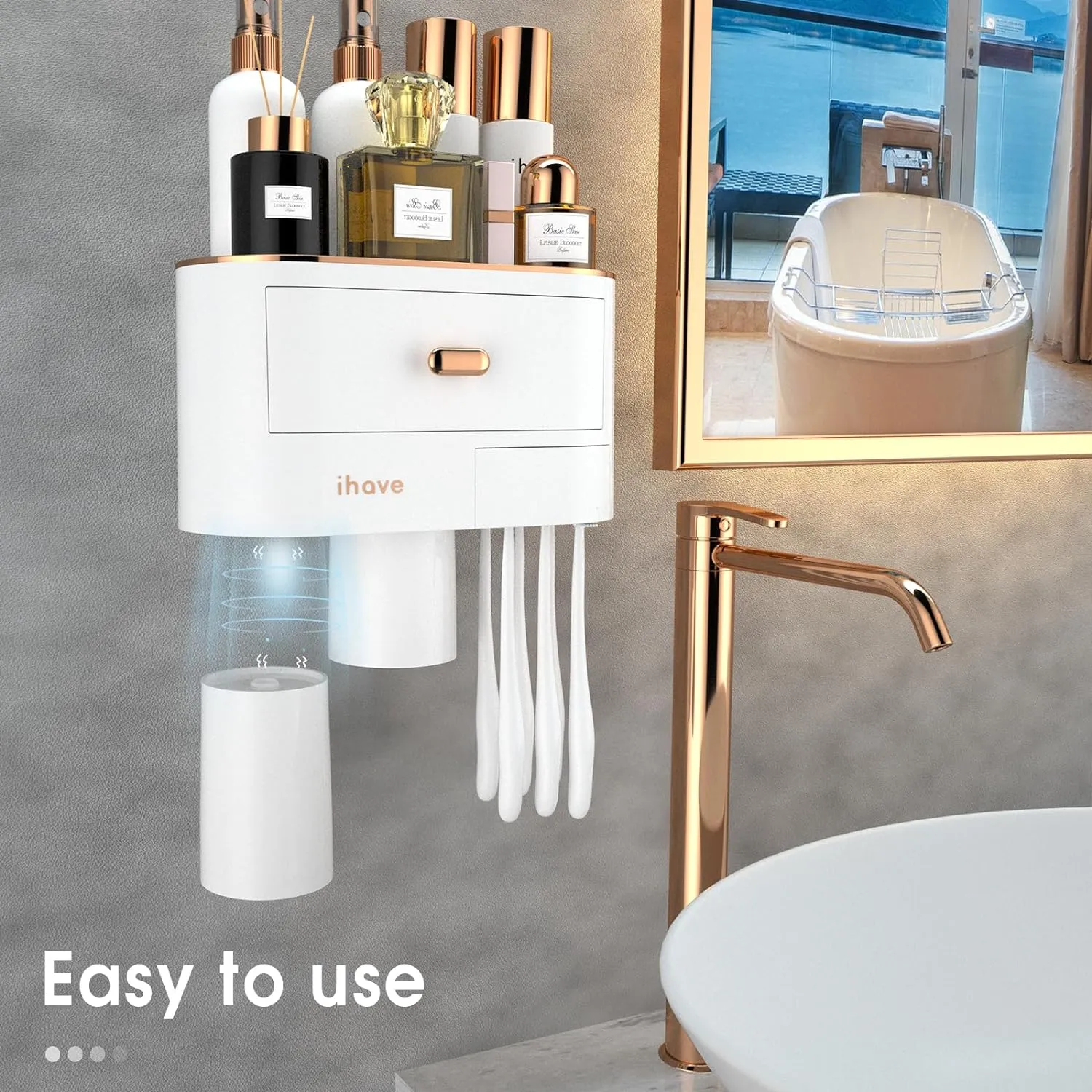 iHave Toothbrush Holders for Bathrooms - 2 Cups Toothbrush Holder Wall Mounted - Makeup Bathroom Tray, Cosmetic Drawer - Bathroom Organizers and Storage, Stylish Bathroom Decor & Bathroom Accessories
