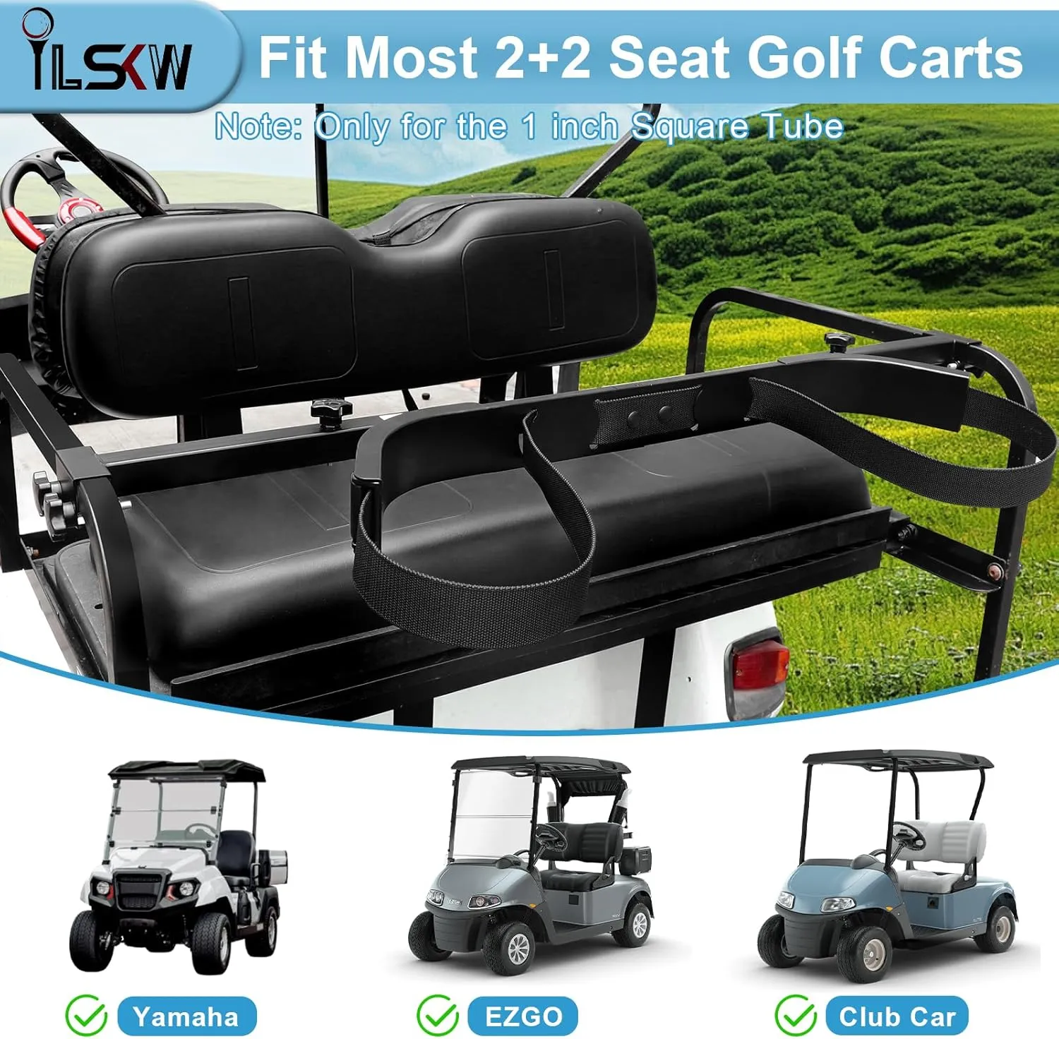 iLSKW Golf Cart Bag Holder Bracket for 2 2 Seater Golf Cart Rear Seat, Compatible with EZGO, Club Car, Yamaha Golf Carts, 1 inch Sqaure Strut, No Drilling Golf Cart Rear Bag Holder Adjustable