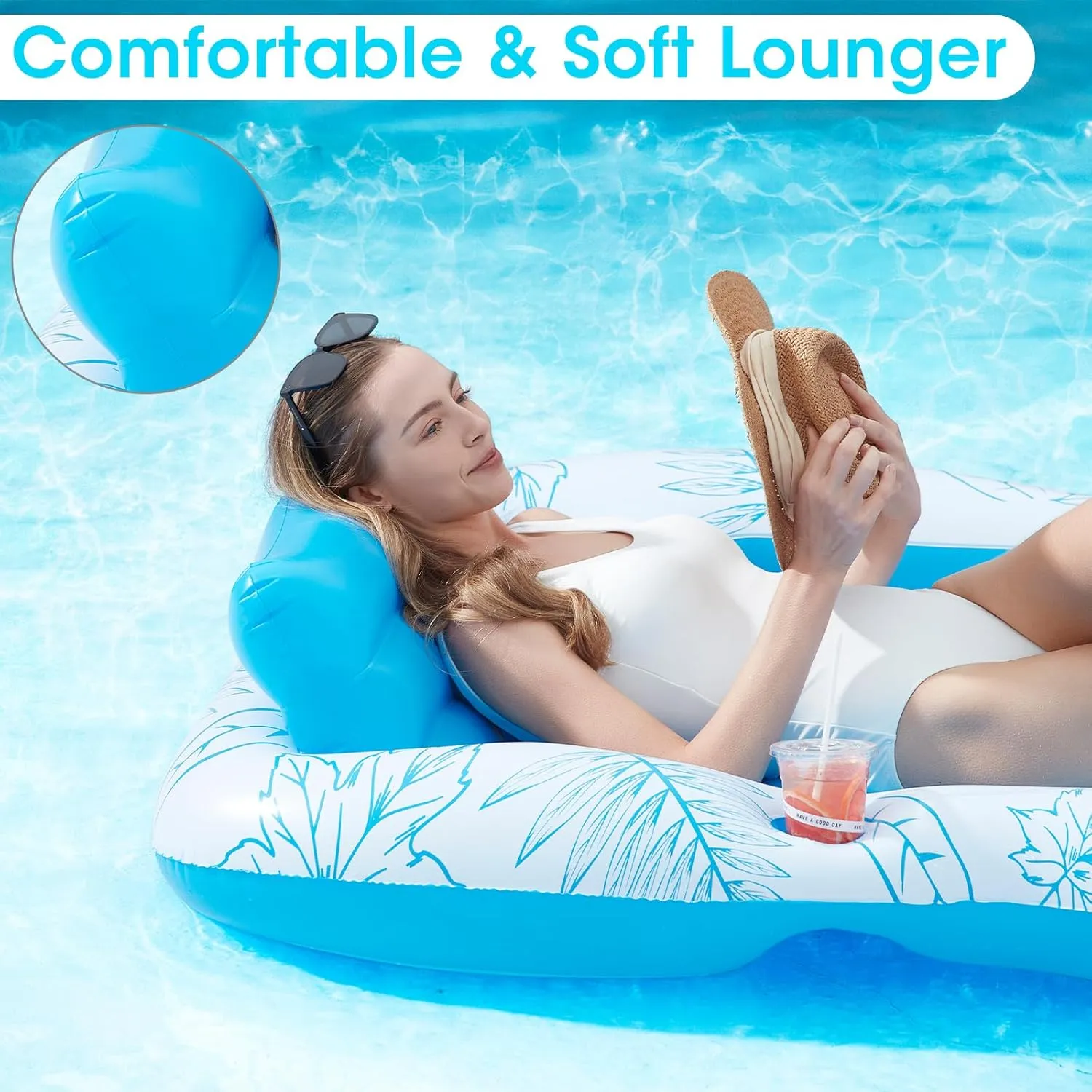 Inflatable Adult Pool Lounger Float - BAIAI Large Beach Sun Tanning Floaty Raft Sunbathing Water Lounge Floaties Tub with Drink Holder Blow Up River & Lake Suntan Floating Swimming Mattress Mat