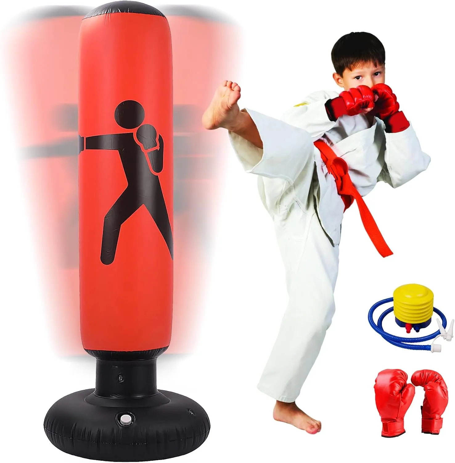 Inflatable Punching Bag for Kids, Freestanding Kids Boxing Bag with Stand, 63 inch Punching Bag with Air Pump and Boxing Gloves for Karate Kickboxing, Workout Equipment, Gift for Boys Girls