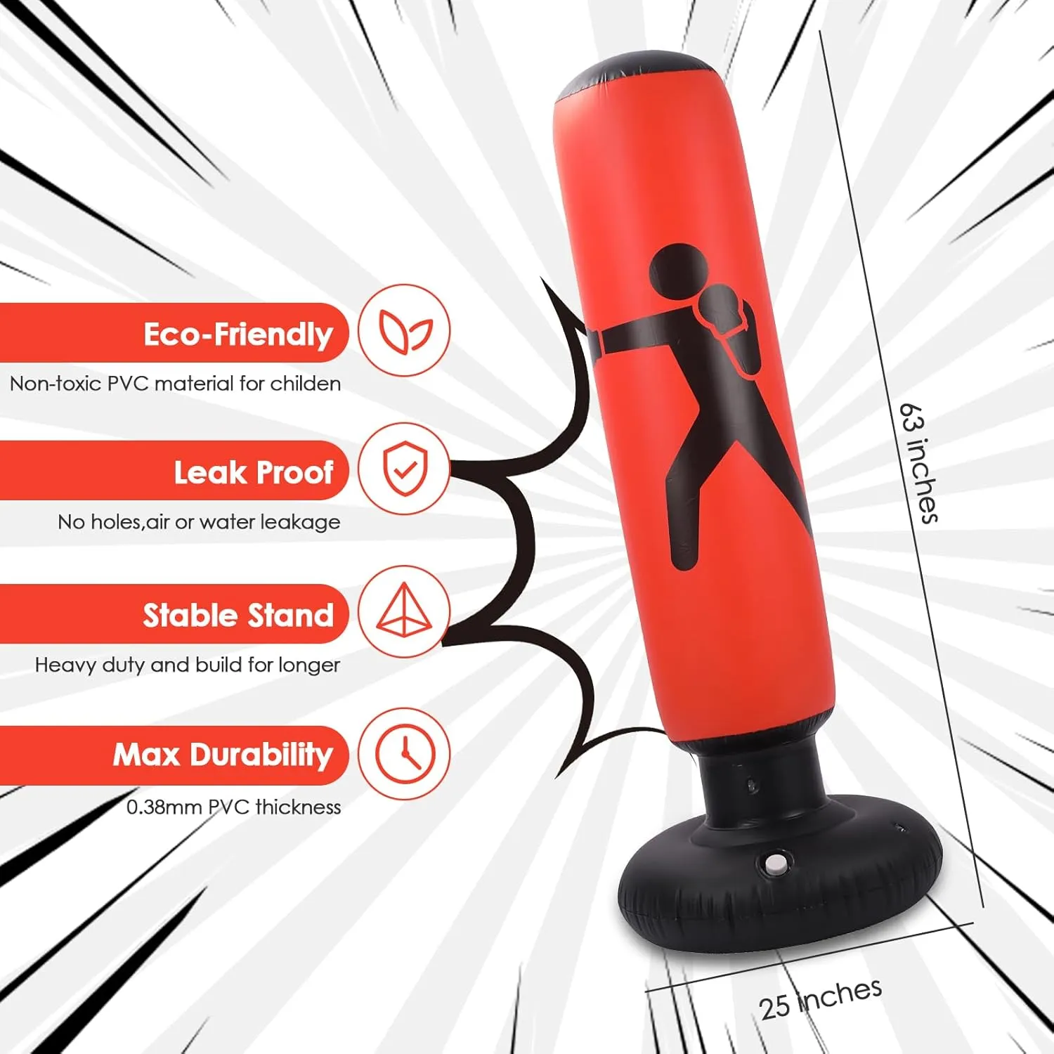 Inflatable Punching Bag for Kids, Freestanding Kids Boxing Bag with Stand, 63 inch Punching Bag with Air Pump and Boxing Gloves for Karate Kickboxing, Workout Equipment, Gift for Boys Girls