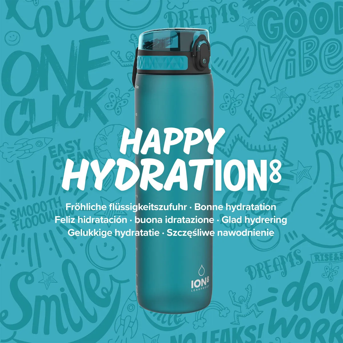 ION8 Leak Proof Water Bottle, Aqua, 1000ML BPA Free