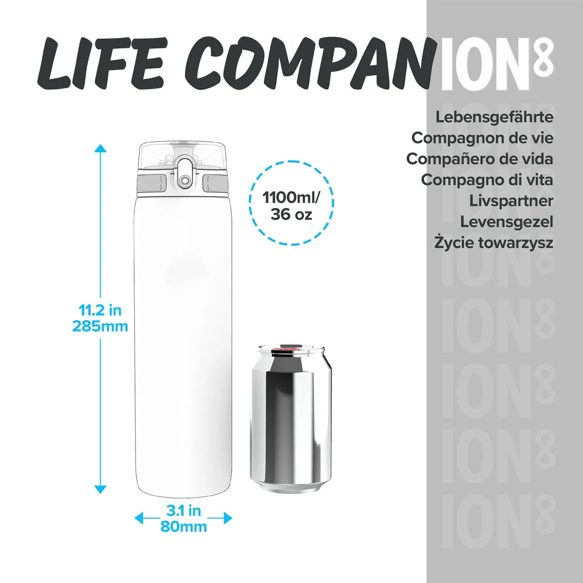 ION8 Leak Proof Water Bottle, Grey, 1100ML BPA Free