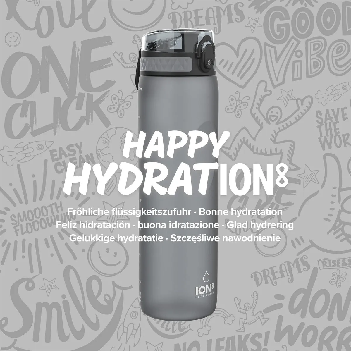 ION8 Leak Proof Water Bottle, Grey, 1100ML BPA Free