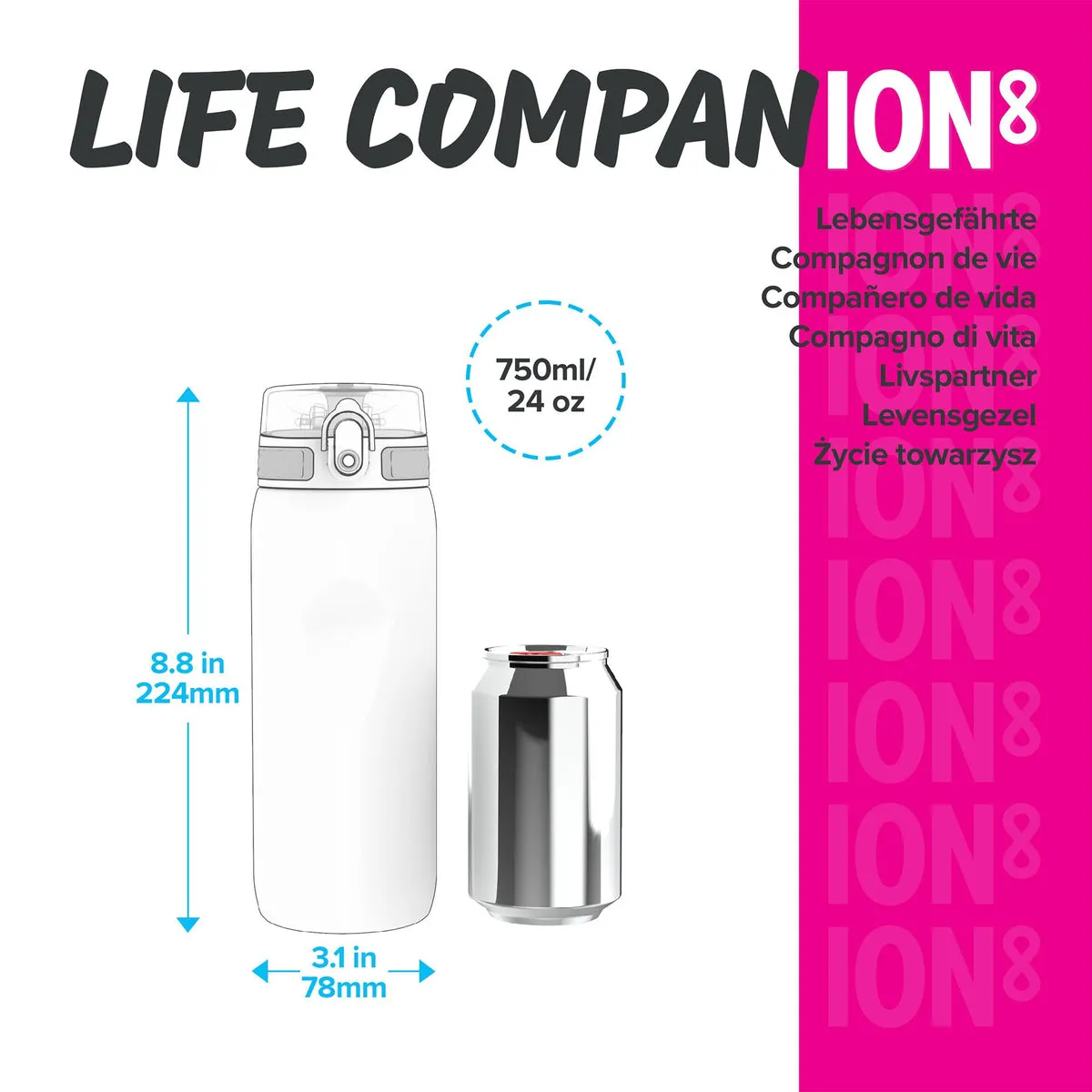ION8 Leak Proof Water Bottle, Pink, 750ML BPA Free