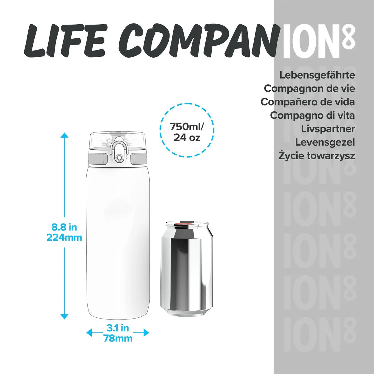 ION8 Leak Proof Water Bottle, Solid Carbon, 750ML BPA Free