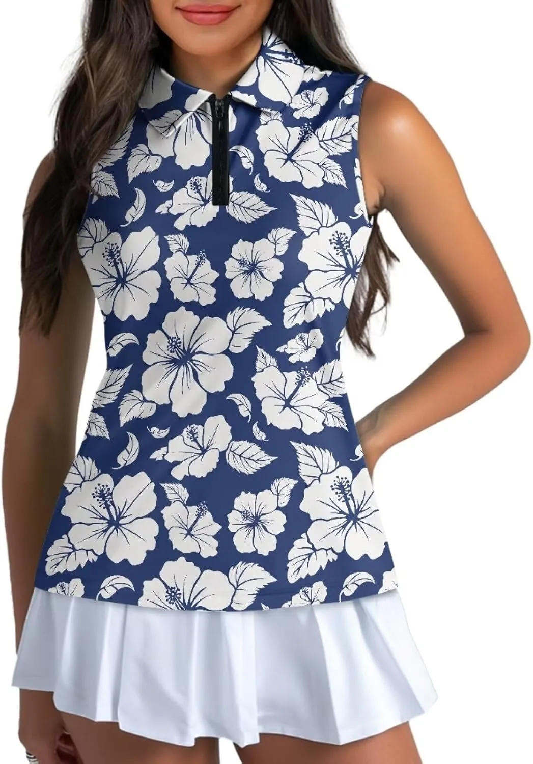 Irisjudy Love to Golf Print Women Sleeveless Golf Polo Shirt Hawaii Tropical Plant Zip Tennis Tank Tops Mandala Sport Shirts