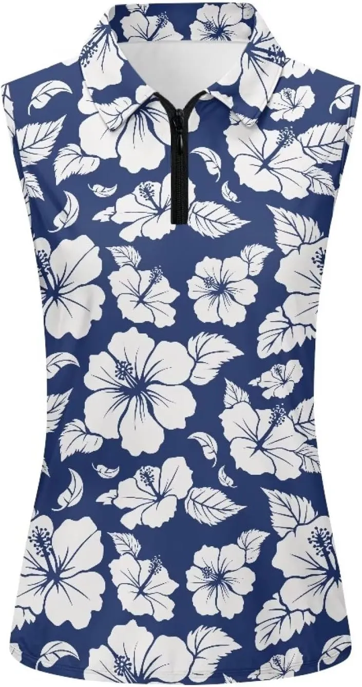 Irisjudy Love to Golf Print Women Sleeveless Golf Polo Shirt Hawaii Tropical Plant Zip Tennis Tank Tops Mandala Sport Shirts