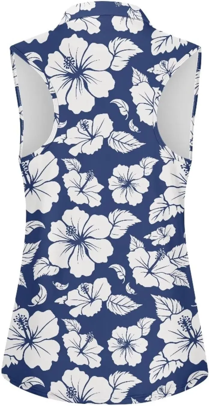 Irisjudy Love to Golf Print Women Sleeveless Golf Polo Shirt Hawaii Tropical Plant Zip Tennis Tank Tops Mandala Sport Shirts
