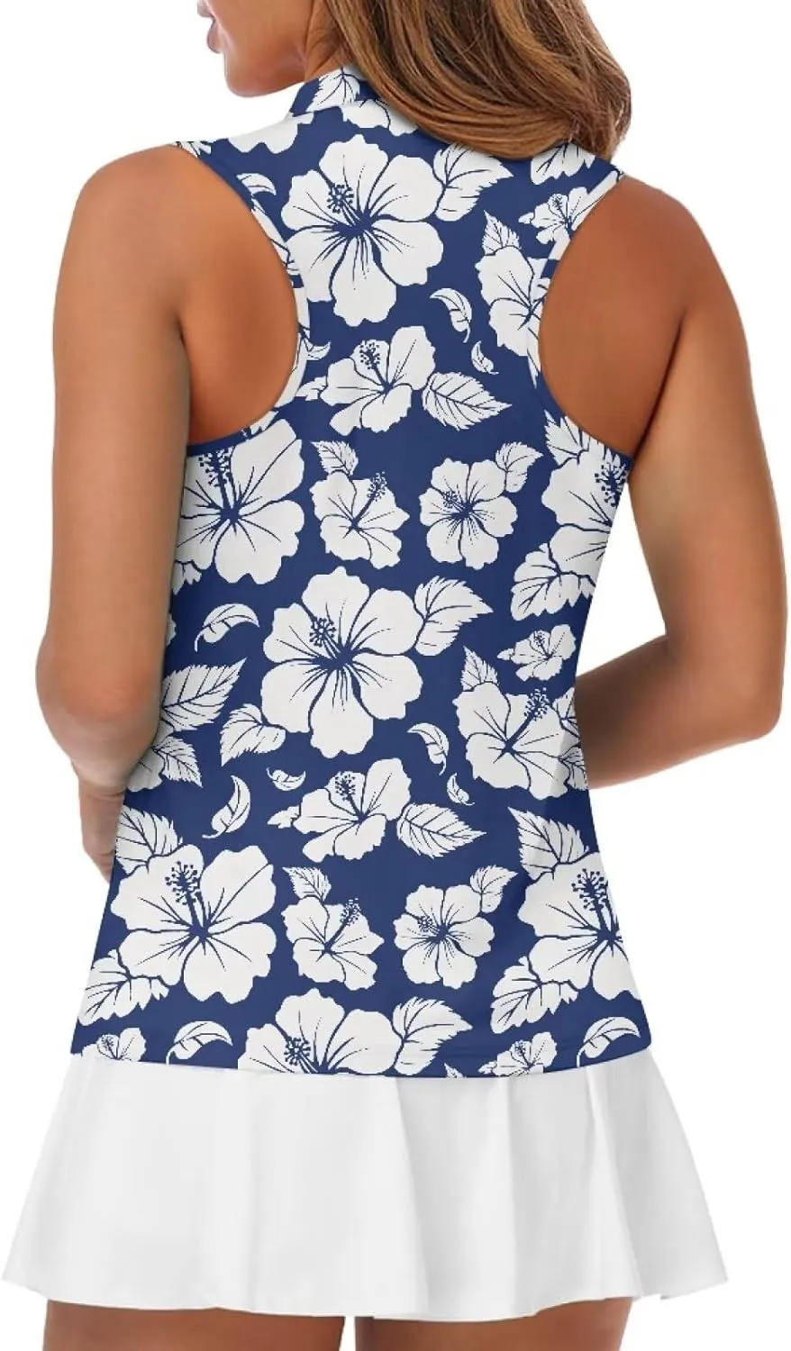 Irisjudy Love to Golf Print Women Sleeveless Golf Polo Shirt Hawaii Tropical Plant Zip Tennis Tank Tops Mandala Sport Shirts