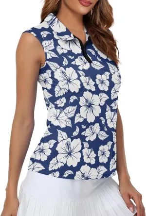 Irisjudy Love to Golf Print Women Sleeveless Golf Polo Shirt Hawaii Tropical Plant Zip Tennis Tank Tops Mandala Sport Shirts